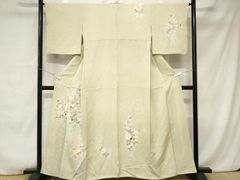 HG046 正絹 訪問着 スワトウ刺繍 花車文様 淡いベージュ色 - メルカリ