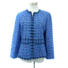 ジュンアシダ jun ashida ノーカラージャケット ミドル丈 11 L マルチカラー 青 ブルー ツイード /HO18 ■GY61