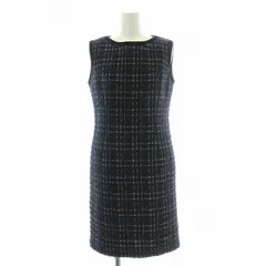 シェリエ CHERIE タイトワンピース ひざ丈 ノースリーブ クルーネック ベロア ツイード 切替 ウール混 F 紺 ネイビー /BB