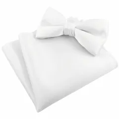 ホワイト 無地 蝶ネクタイ & ポケットチーフ セット