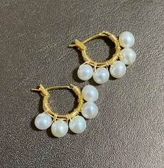 淡水パール ホワイト ゴールド フープ クロッシング ピアス K16GP アレルギー対応