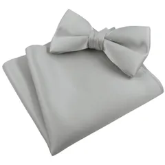 シルバー 無地 蝶ネクタイ & ポケットチーフ セット