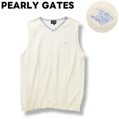 日本製 パーリーゲイツ PEARLY GATES Vネック コットン ニット ベスト セーター ハイゲージ フライングラビット ロゴ 刺繍 4 ホワイト x ライトブルー ゴルフ スポーツ カジュアル ウェア メンズ