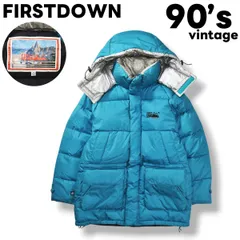 【極暖】 90s ヴィンテージ ファーストダウン FIRSTDOWN フーデット キルティング ダウン ジャケット パーカー ラグランスリーブ ビッグシルエット M ターコイズブルー アウトドア ウェア メンズ