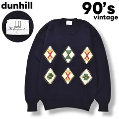 90s ヴィンテージ ダンヒル スポーツ  dunhill sport カシミヤ 混紡 ウール ニット セーター クルーネック ミドルゲージ L アーガイル チェック ネイビー シティールック メンズ