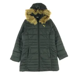 美品 PUMA プーマ ロゴ刺繍 フードファー付 中綿ジャケット M ブラック ファー取り外し可 レディース 古着