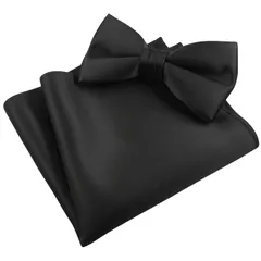 ブラック 無地 蝶ネクタイ & ポケットチーフ セット