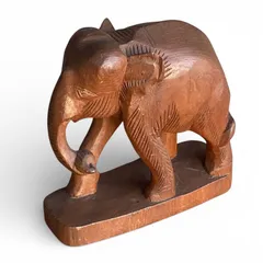 象 木彫り 置物 無塗装・一木彫り 素地 約17cm 天然木 縁起物 中古 インテリア小物