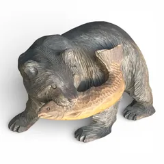 熊　木彫り 置物 一木彫り 天然木 獲物くわえ 約27cm 縁起物 中古 インテリア小物
