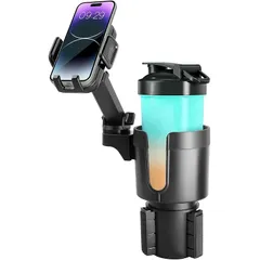 スマホ ドリンクホルダー 車 調整可能 車用 携帯電話 カップスタンド 車載 2in1デザイン カップホルダー用 スマホ用【最新進化伸縮アーム】360度 回転 ワンタッチ取り外し 多機種に対応 車載 スマートフォン カーマウント 1