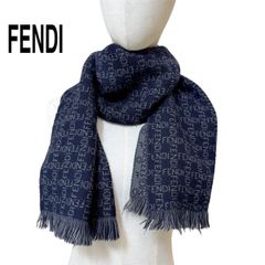 美品■ FENDI フェンディ ロゴ柄 ウール マフラー 紺×グレー
