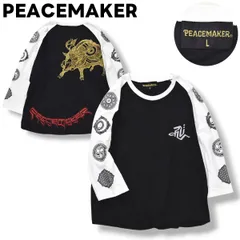 ピースメーカー PEACEMAKER 七分袖 ラグランT Tシャツ カットソー クルーネック ラウンドヘム 猪鹿蝶 トライバル ロゴ プリント L ブラック x ホワイト ロック パンク ストリート メンズのサムネイル