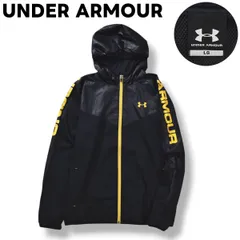アンダーアーマー UNDER ARMOUR ロゴ プリント 刺繍 ウィンド ジャケット ジップ パーカー ジャンパー 裏地 メッシュ LG ブラック x ゴールド スポーツ ウェア タウンユース トレーニング メンズ