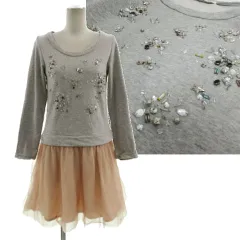 チェスティ Chesty ドッキングワンピース 5S537 スウェット チュールスカート ビーズ ひざ丈 グレー ブラウン系 茶系 1