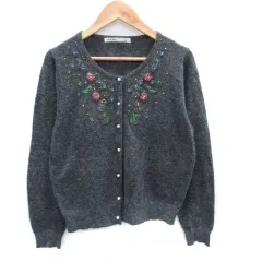 エヘカソポ サマンサモスモス ehka sopo SM2 ニットカーディガン ミドル丈 ラウンドネック ビーズ フェイクパール グレー /SM17