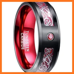【新品】 083基地 メンズ 指輪 リング タングステン ドラゴン 竜紋 炭素繊維 キュービックジルコニア 横幅8mm 平打ち レッド 真空メッキ 20号 0