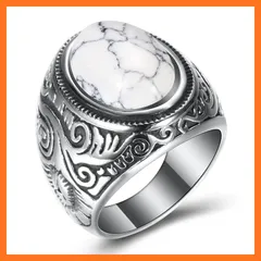 【新品】 [Rockyu] ジュエリー ブランド 人気 リング メンズ シルバー 銀色 大粒 ターコイズ指輪 おしゃれ 印台指輪 イニシャル ルビー チタン 指輪 アンティーク風 (ホワイト, 17) 0