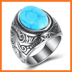 【新品】 [Rockyu] 指輪 メンズ シルバー ブルー リング 紋様 大粒 ターコイズ 楕円 印台指輪 チタン パーティー 友達 ギフト アンティーク風 アクセサリー 0