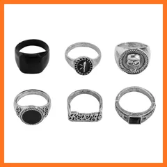 【新品】 [AREUM] 指輪 メンズ リング 6点セット まとめ売り ストリート かっこいい シルバー ブラック 重ね着け プチプラ トレンド ファッションアクセサリー スクエアリング 1