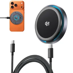 THREEKEY MagSafe充電器【Qi2公式認証 25W高速充電】高回転冷却ファン・効果的な放熱 両面マグネット式 マグセーフ充電器 Qi2.2 25W超高効率ワイヤレス充電 iPhone 17/16シリーズ iOS 26 以降対応 2m高耐久編み込 0