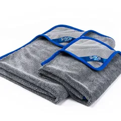 SHSCLY マイクロファイバー 洗車 タオル 大判 超 吸水 拭き上げ専用ドライヤー クロス 厚手 ツイストパイル (グレー 青縁 74x84cm/50x60cm 各1枚ずつ、計2枚セット) 1
