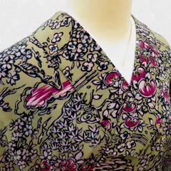 小紋 昔 アンティーク 昔着物 緑×多色 花鳥 風景 バチ衿 正絹 昔きもの レトロ 明治・大正ロマン カジュアル サイズ小さめ 身丈153.1cm