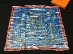 ■新品■未使用■ HERMES エルメス シルク×メタライズドファイバー カレ55 総柄 スカーフ ハンカチーフ ブルー系×レッド系 AV1749