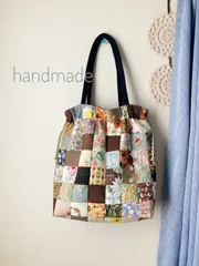 ハンドメイド　パッチワーク　巾着バッグ　トートバッグ　ブラウン花柄
