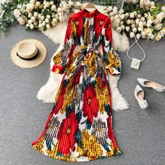 ワンピース ドレス 総柄 プリーツ 花柄 ハイネック 5色 韓国