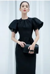 ワンピース パーティー ドレス ボリューム袖 タック入 g187