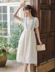 ワンピース パフスリーブ レースアップ キャミソール ドレス 膝丈