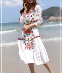 ワンピース パフ袖 七分袖 フラワー刺繍 ボヘミアン☆ティアード