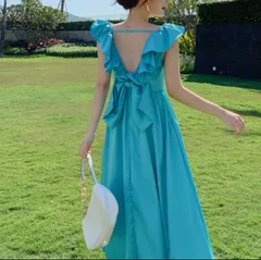 ワンピース フレア オープンバック Aライン ミモレ フリル袖