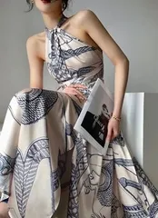 ワンピース ホルダーネック エレガント ロング ドレス (0955)