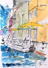 原画#328 黒猫 猫 窓 花 フランス 水彩画 ドローイング インテリア