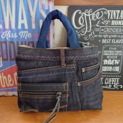 3☆USED黒デニムリメイク☆トートバッグ☆カラフルステッチ☆サブバッグ☆リメイクデニム☆