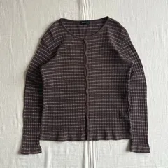 00s　archive　アーカイブ古着　当時物　COMME CA ISM　コムサイズム　サーマル調　リブ編みコットン生地　ボタン留め　薄手カーディガン　丸首　細ボーダー柄　ブラウン×ホワイト　L　Y2K　C-BOY　rib × border  cardigan