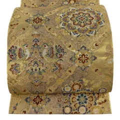 【美品】 袋帯 秀品 華文 向かい鳥 箔 金糸 金色 六通 正絹 【中古】
