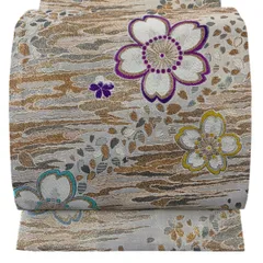 【美品】 袋帯 秀品 振袖向き 桜 霞 金糸 箔 金色 六通 正絹 【中古】
