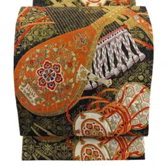【美品】 袋帯 秀品 和楽器 草花 刺繍 金糸 黒 六通 正絹 【中古】