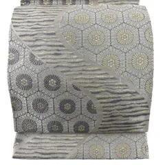 【美品】 袋帯 秀品 亀甲 菊 箔 唐織 灰色 六通 正絹 【中古】