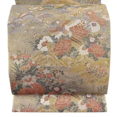 【美品】 袋帯 秀品 花鳥 樹木 箔 金糸 金色 六通 正絹 【中古】