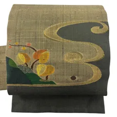 【美品】 名古屋帯 秀品 落款 樹木 幾何学 茶緑色 正絹 【中古】