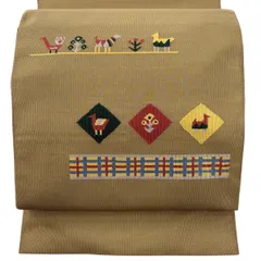 【美品】 名古屋帯 秀品 八寸名古屋帯 松葉仕立て 草花 動物 茶緑色 正絹 【中古】