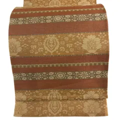 【美品】 袋帯 秀品 草花 縞 金糸 オレンジ 六通 正絹 【中古】