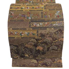 【美品】 袋帯 秀品 飾棚宝物文 花鳥 箔 唐織 焦茶色 六通 正絹 【中古】