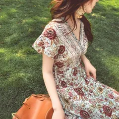 ワンピース 韓国ファッション フラワー エスニック ロング