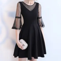 ワンピース 五部袖 ラッパ袖 2色 パーティドレス ミニ丈