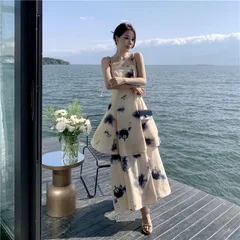 ワンピース 水彩 マキシ キャミ 2段フリル 肩リボン リゾート