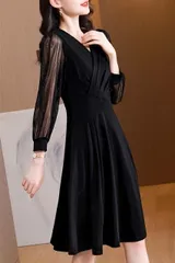 ワンピース 大人 シースルー袖 カシュクール Vネック ミディ丈